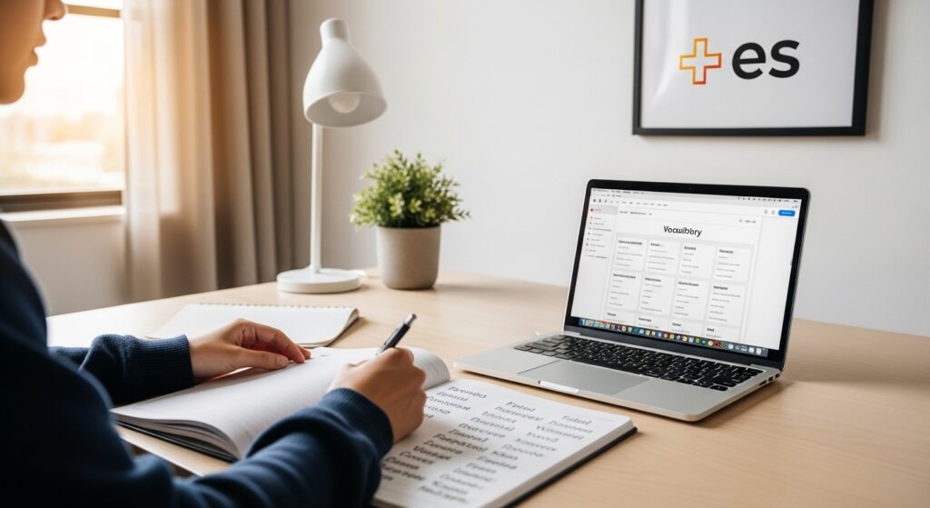 student learning basic spanish vocabulary with notebook and laptop