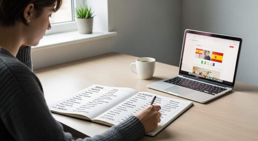 student learning spanish vocabulary for beginners using notebook and laptop