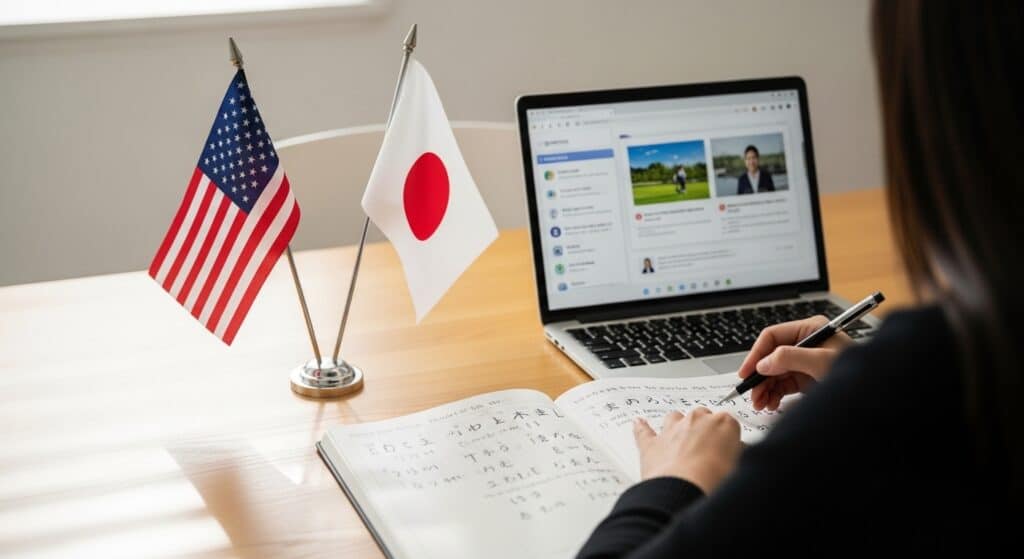 student learning Japanese alphabet with USA and Japan flags hiragana katakana